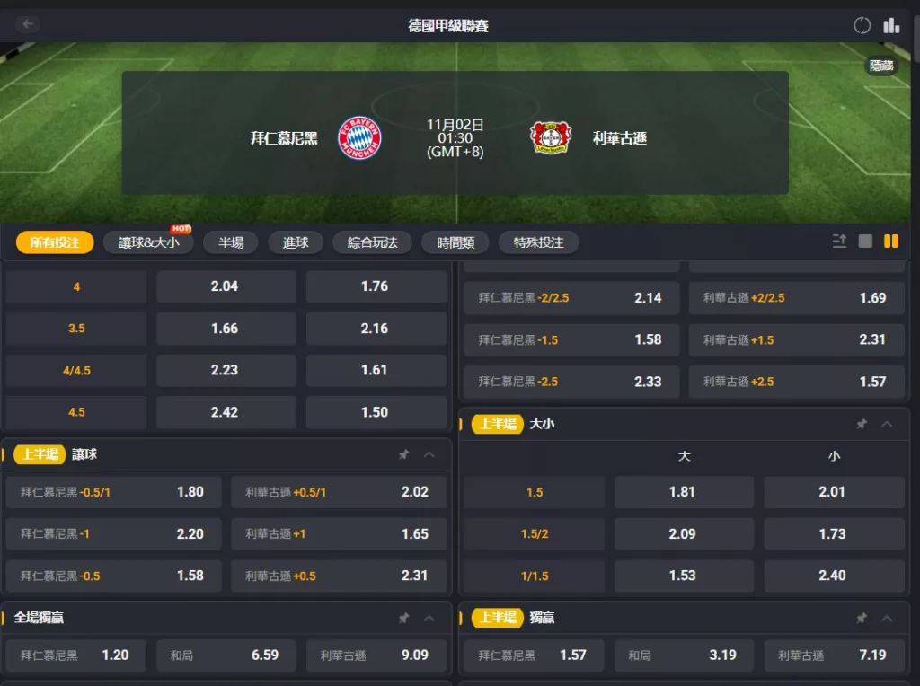 1102 Bayern Munich v Bayer Leverkusen 賠率