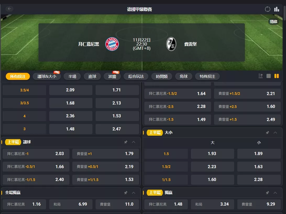 1122 Bayern Munich v Freiburg 賠率