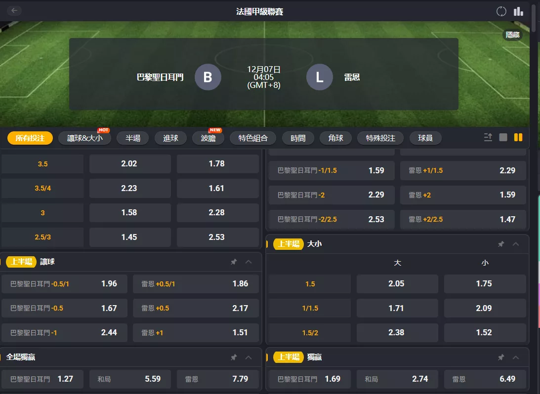 2025年12月 07日 法甲 PSG vs 雷恩 賠率