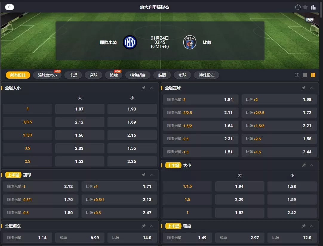 2026年01月 24日 義甲 國際米蘭 vs 比薩 賠率