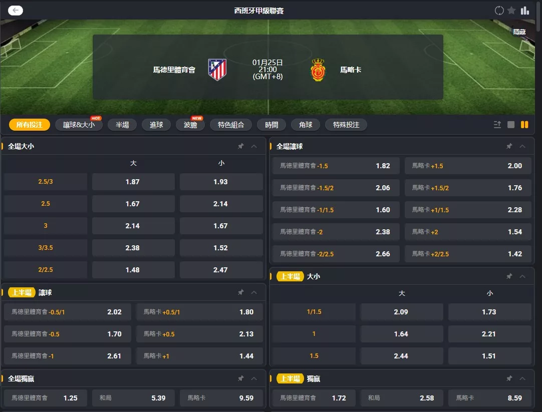 2026年01月 25日 西甲 馬德里競技 vs 馬約卡 賠率