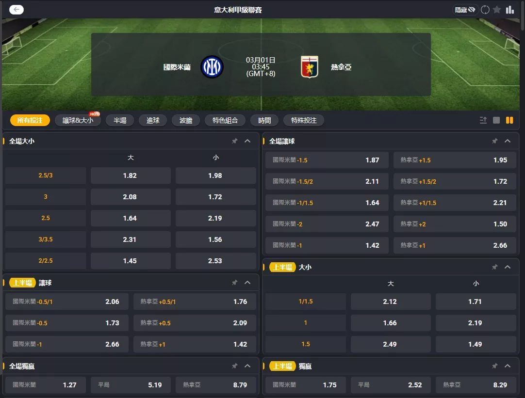 2026年03月 01日 義甲 國際米蘭 vs 熱那亞 賠率