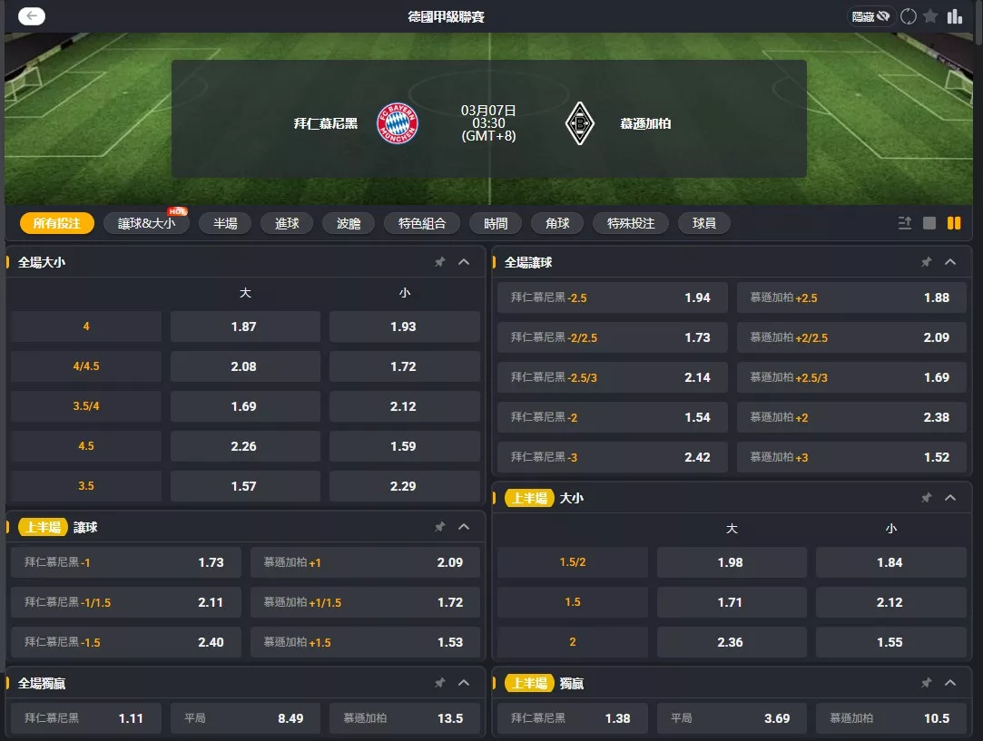 2026年03月 07日 德甲 拜仁慕尼黑 vs 門興格拉德巴赫 賠率