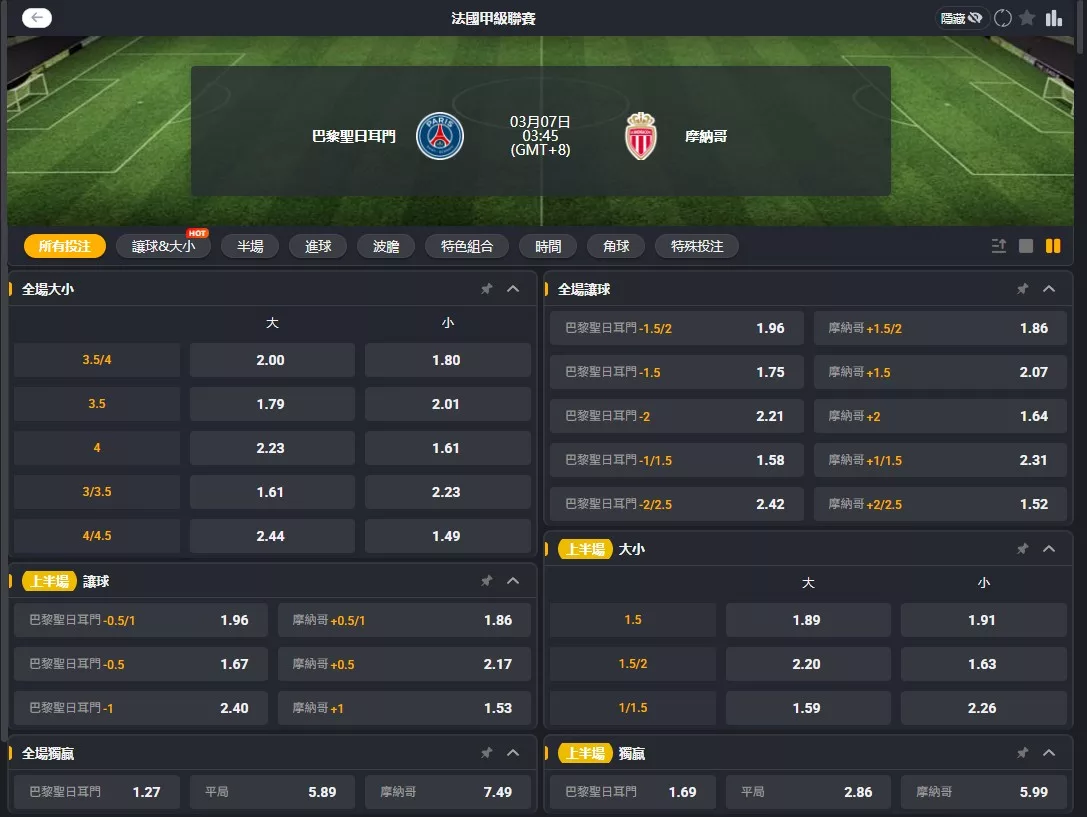 2026年03月 07日 法甲 PSG vs 摩納哥 賠率