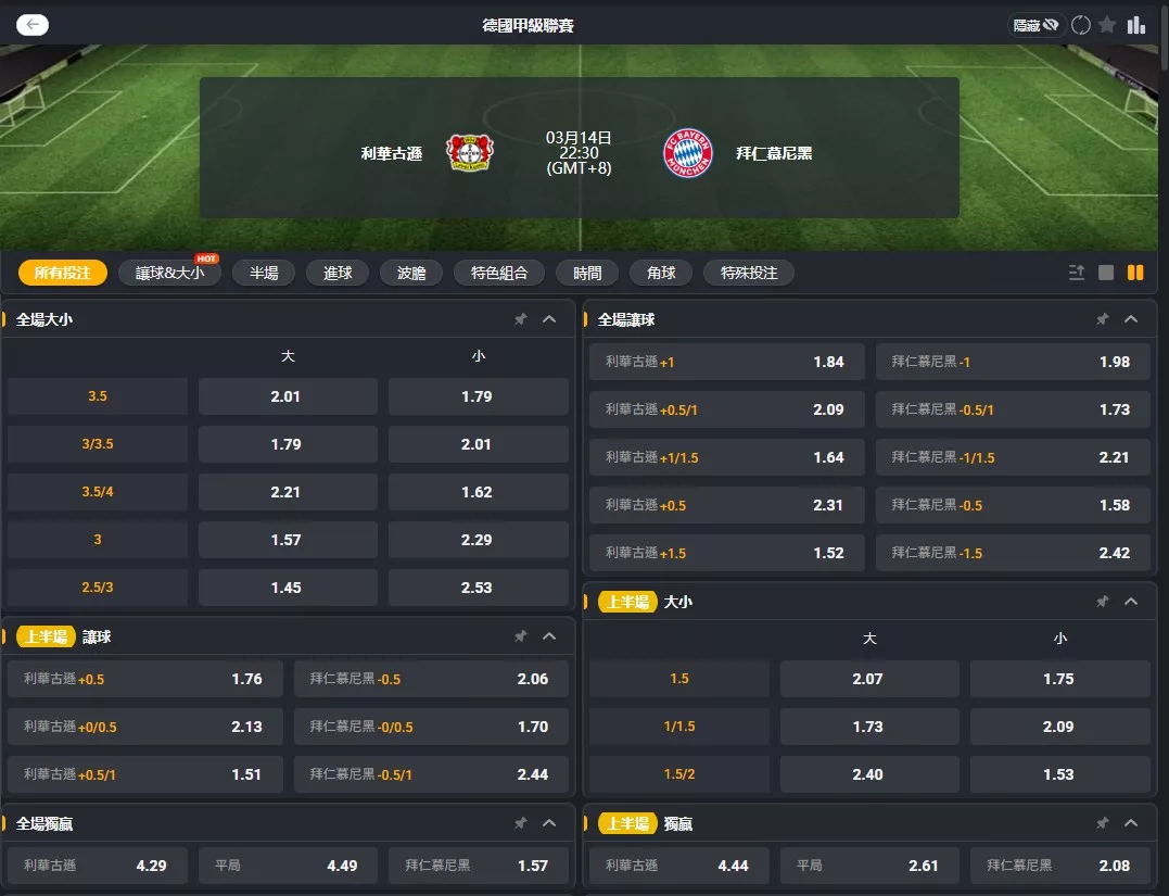 2026年03月 14日 德甲 勒沃庫森 vs 拜仁慕尼黑 賠率